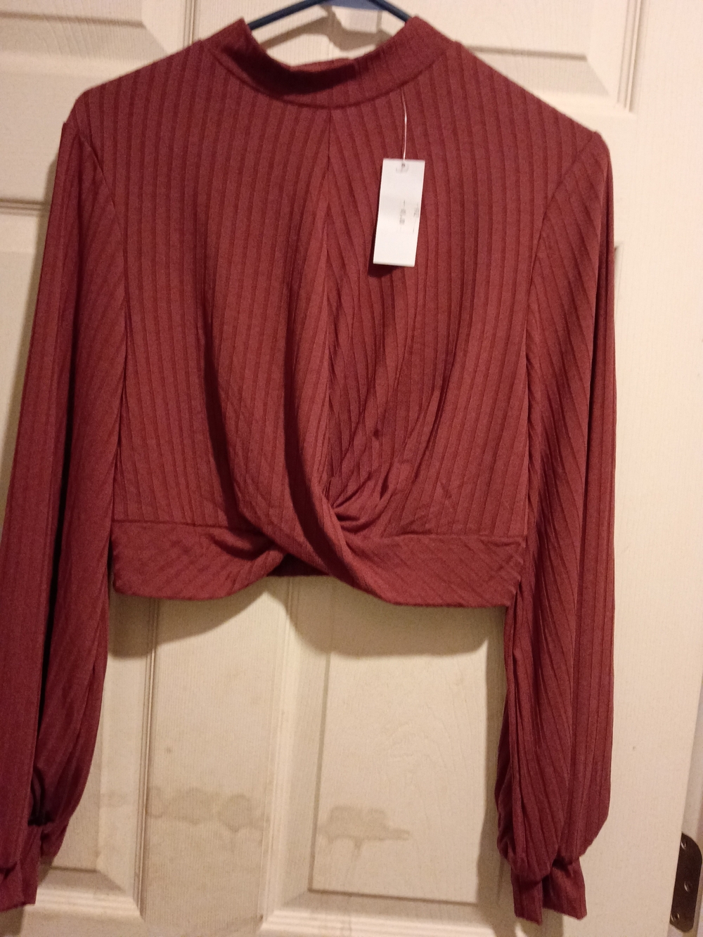 Rib-Knit Twist Front Long Sleeve Top - Rust